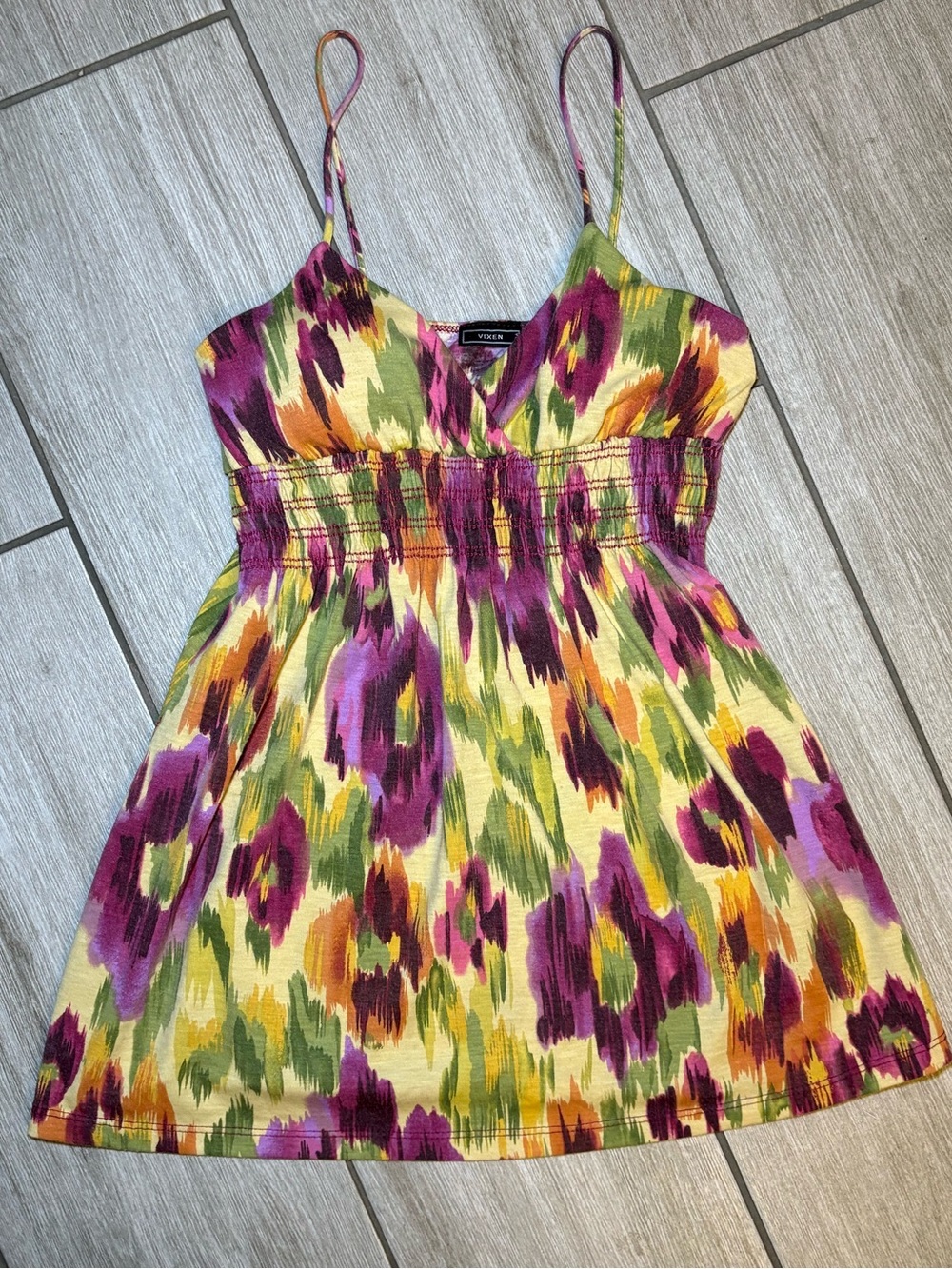 Vixen Floral Smocked Waist Spaghetti-Strap Top in Purple, Green & Yellow
